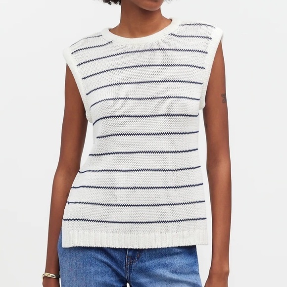 Madewell Puff-Trim Sweater Vest in Navy/Bright Ivory Stripe size XS NWT NQ977 - Picture 1 of 14